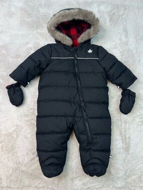 Canadiana Snowsuit Baby 6-12 Months One Piece Faux Fur Hood Fleece Lined Black